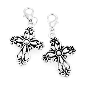 Alloy Filigree Heart Cross Clasp Hummer Clip On European Charm Pärlor Antik Silver C425 20.5x41.5mm 20pcs / lot