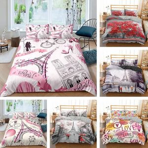 Bedding Sets Pink Eiffel Tower Duvet Capa Tema Romântico Rei Conjunto Moderno Francês Paris Consolador da Cidade da Cidade com Zipperbedding Setsbedd