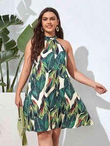 2022 Summer Women Dress Tropical Hawaii Print Tie Back Dress Sexig fest ärmlös kjol High Street Boho Kvinna Plus Size Dress G220510
