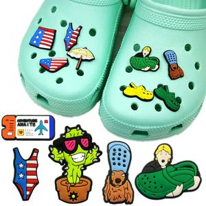 moq 100pcs swimsuit sneakers radio pattern croc JIBZ charms 2D Soft pvc Shoe decorations Shoes Buckles charm ornament fit women's Sandals kids Wristband