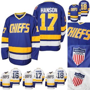 Mit Mens Charlestown Hanson Brother Slap Shot Jersey # 16 Jackhanson # 17 Steve Hanson # 18 Jeff Hanson Movie Hockey Jerseys Blue White S-XXXL in