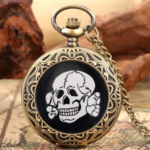 Vintage Skull Pocket Watch Full Hunter Cover Men Kvinnor Kvarts Analog Klocka Halsband Kedja Brons Samla Brable Timeepiece