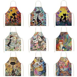 Home Flower Kitchen Cooking Apron Cute Cat Printed Home Sleeveless Cotton Linen Aprons for Men Women Baking Accessories Fartuchy 220523