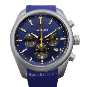 Herrenuhr, blaues Zifferblatt, Sport, japanisches VK-Quarzwerk, Uhr, Chronograph, Edelstahl-Gummiarmband, 43 mm. Armbanduhren