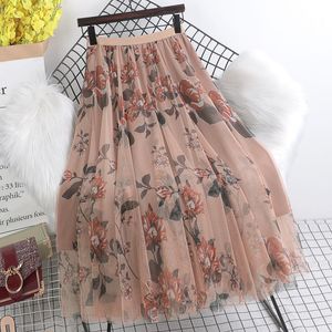 Vintage Floral Long Tulle Skirt Korean Harajuku High Wasit Pink Black Pleated ALine Midi Skirts Faldas Mujer Streetwear 220611