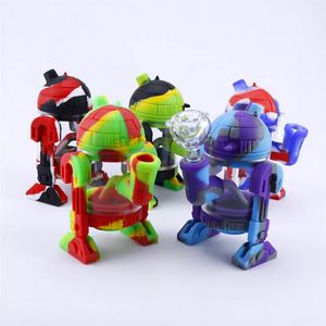 Robot Shape Silicone Bong Hookahs With 14mm Male Clear Glass Bowl 5.5inch Protectcase Glasses Bubbler Recycler Dab Rig Mini Water Bongs Smoking Pipes