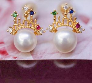 14K Gold Crown Crown Castle Crystal Ear Studs Naturalne kolczyki z perłami słodkowodnej Białe damę/dziewczyna weselna biżuteria