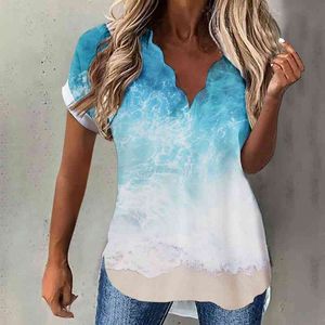 Summer Womens Short Sleeve Wavy V Neck Floral Printed Shirts Top Casual Loose Shirts Tee Blue Long Sleeve Blue Women White L220705