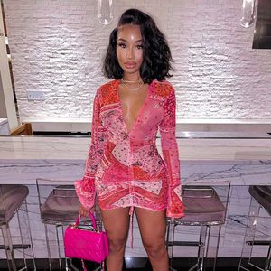 Casual Dresses Summer Women Sexy Floral Print Party Mesh V Neck Flare Long Sleeve Transparent Drawstring Mini Dress Club WearCasual