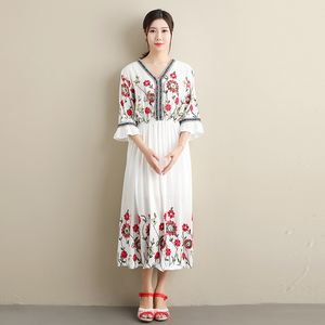 Summer Ethnic clothing embroidered Long Tunic Women Beachwear elegant dress cotton linen breathable Cover Up Robe de plage