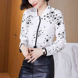 Koreli kadın gömlekler şifon bluzlar uzun kollu bluz kadın beyaz baskı zarif çiçek üstleri 3xl 210427