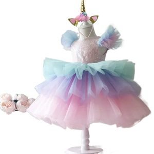 girls Rainbow Unicorn Princess Dress Cake Layers Tutu Prom Gown For Kids Children Wedding Evening Formal Party Pageant Vestidos O2z4