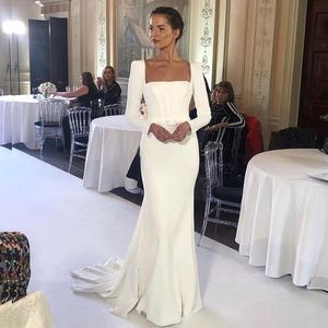 Square Neck crepe Mermaid Wedding Dresses Long Sleeve Satin Bridal Dress Sweep Train With Belt Country Bridal Gowns