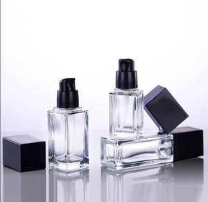 Empty Clear Square Glass Emulsion Essence Bottle With Black Pump Head Cosmetic Containers For Lotion Cleanser Body Cream
