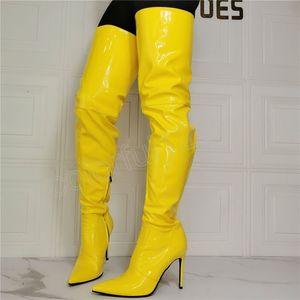 Женские бедро высокие ботинки на каблуках блестящие тонкие сапоги на колене Zip Ladies обувь женщина большой размер