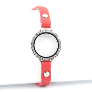 Link Chain Style Magnet Czech Crystal Alloy Round Wrap Red Leather Glass Locket Bracelet For Floating CharmsLink