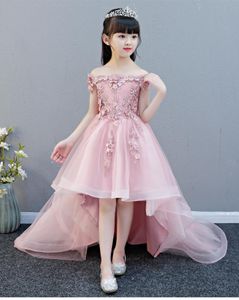 Girl's Dresses Off Shoulder Appliques Flower Girl Party Dress Pageant Gown High Low Princess Wedding Ball Kids First Communion