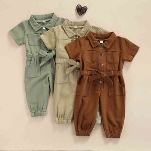 2021-05-05 Lioraitiin 1-5 anni bambino neonate casual tuta a maniche lunghe moda solido risvolto tasca pantaloni monopetto G220510