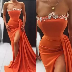 Coral Sexy Mermaid Prom Dresses Ruffles Beaded Split Side High Sweep Train Evening Gowns Robe De Soiree Formal Party Dress BC12708 0809