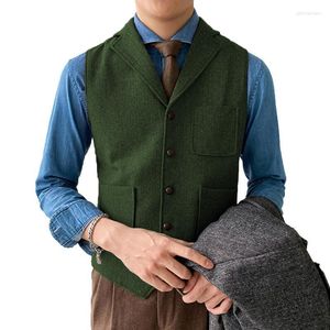 Męskie kamizelki ślubne armia Zielona Herringbone Brown wełna Tweed Kołnierz Męski dżentelmen Business Waistcoat Chalecosmen's Phin22