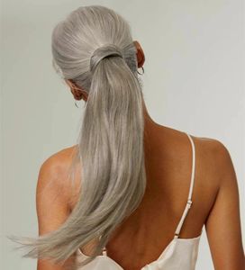 Naturlig rak grå mänsklig hästsvans, farmor eller vitt hår 10a Europen Virgin Silvergrå hårpuff, ombre hästsvansar hårförlängningsomslag runda