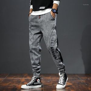 Men's Jeans Mens 2022 Spring Grey Denim Pants Joggers Stretch Baggy Washed Side Patchwork Elastic Wiast Men HommeMen's