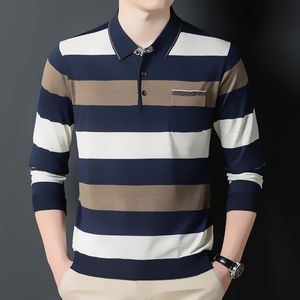 MLSHP Autumn Winter Long Sleeve Striped Men's Polo Shirts Fashion Turn Down Collar Knitted Business Loose Casual Man Tops 3XL