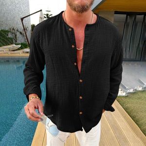 Men's Casual Shirts Long Sleeve For Men Trendy Male Autumn Solid Fold Shirt Collarless Button Christmas Romper MenMen's