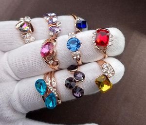 Roségold-Buntglas-Kristall-Ring-Hybrid-Modelle, viele Größen, Damen/Mädchen, Modeschmuck, Mix-Stil, 100 Stück/Los