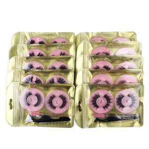 2 Paar runde 3D-natürliche gefälschte Wimpern-Set, Wimpern-Kombination, Lockenwickler und Pinselpinzette mit Etui, dickes Beauty-Tool