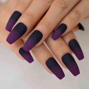 Nxy valse nagels mat plat kist Franse neppers op lange medium ombre paars zwart herbruikbare kunstmatige acryl nagel kunst tips