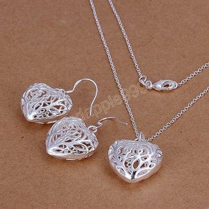 orecchini con collana in argento sterling 925 con ciondolo Set di gioielli per donne cuore Regali di Natale per feste di moda vuote di alta qualità