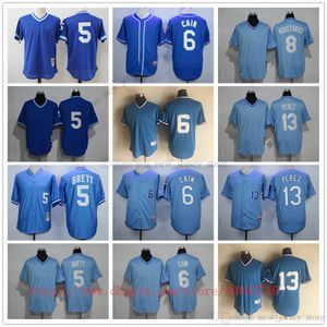 Film Vintage Baseball-Trikots Baseball trägt genäht 5 BluePullover 6 LorenzoCain 13 SalvadorPerez Alle genäht atmungsaktiv Sport Sale Hochwertiges Jersey