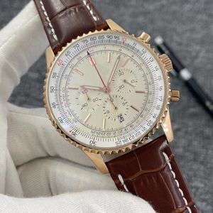 B01 46mm جودة جديدة Navitimer Watch Chronograph Quartz Movement Yellow Gold Case Limited Silver Dial 50th Anniversary Men Watch Leather Strap Hantwatches Mens