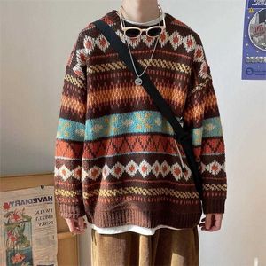 HOUZHOU Men's Knitted Vintage Graphic Sweater with Pattern Brown Blue Pullovers Sweaters and Jumpers Korean Streetwear Harajuku 220815