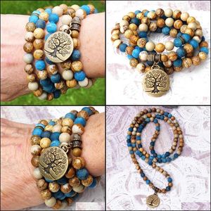 Perlenstränge Armbänder Schmuck Mg0829 6 mm Mattes Bild Jaspis 108 Mala Yoga Natürliches Apatit Wickelarmband Trendiges Design Baum des Lebens Ch