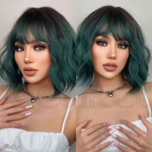 WIGS sintético estilo mulheres qi bate gradiente preto verde médio médio longa peruca encurralada Material de seda de alta temperatura diária Aplicação 220527