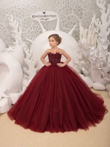 Girl's Dresses Maroon Lace Tulle Flower Girl Dress For Special Occasion Bridesmaid Wedding Pageant Birthday PoshootGirl's