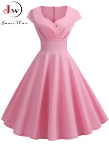 Pink Summer Dress Women V Neck Big Swing Vintage Robe Femme Elegant Retro pin up Party Office Midi es 220418