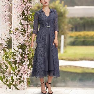 Gray Two Pieces Mother's Dresses With Jacket Tea Chiffon Wedding Guest Gown Ankle Length Prom Party Dress 326 326