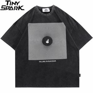 Men Oversize Washed T Shirt Hip Hop Letter Illusion Print Ripped Tshirt Streetwear Harajuku Cotton Short Sleeve TShirt 220521