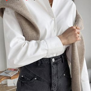 Weißes Damen-Oversize-Hemd aus Baumwolle, 100 % Bluse, elegant, Herbst, Khaki, Basic, Top-Kragen, lange Ärmel, schöne Blusen im Vintage-Stil, 220407