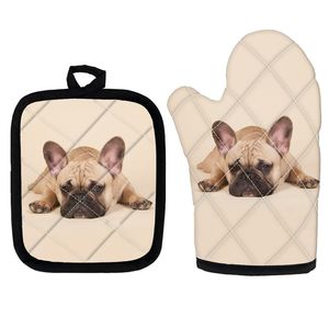 French Bulldog Print Mitts Home Baking and Pot Pad Set Custom Solid Color Animal Microwave Oven Handskar för kök 220707