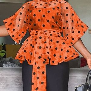 Women White Blouses Polka Dot Peplum See Through Sexy Thin Transparent Half Flare Sleeves Waist Belt Tops Shirt Fashion Bluas 220518