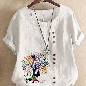 Womens Fashion Summer Music Tree Prined Round Neck Kort ärm Tshirt Casual Loose Solid Color Blus Topps Plus Size 220526