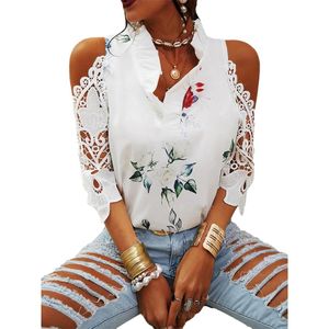 Fashion Sexy Lace Panel Off Shoulder T-Shirt Elegant Floral Print Ruffled V-Neck Quarter Sleeve White Pullover Tops White Street 220511