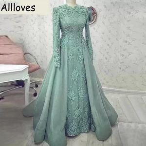 Sage Lace Dubai Arabian Prom Dresses con gonna staccabile maniche lunghe Vintage Medio Oriente Aso Ebi Abiti da sera convenzionali Appliqued Vestidos De Festa CL0336