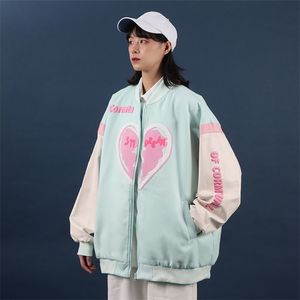 Kalp Baskı Vintage Ceketler Kadın Sonbahar Kış Astetetik Bombacı Beyzbol Kalın Katlar Kadın Sevimli Gevşek Büyük Boy Dış Giyim 220817