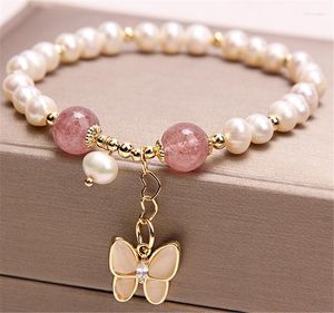 Perlenstränge HABITOO Luxuriöses 7–8 mm natürliches Weiß, nahezu runde Süßwasserperle, rosa/gelb/grün/lila Kristallperlen-Armband, Schleife, Pandant-Gi