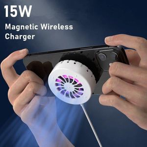 Caricabatterie wireless a raffreddamento magnetico da 15 W Dissipazione del calore Condizionatore d'aria per telefono cellulare Mini ventola di raffreddamento Luce ambientale Supporto di ricarica rapido 3 in 1